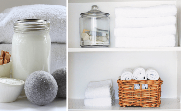images of natural cleaning products for laundry and clean, fluffy white towels
