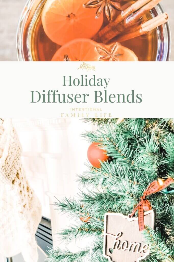 Images of holiday lights and decorations - focusing on a gingerbread man, pine boughs, fresh oranges, cinnamon sticks, and cloves - displaying the scents of Christmas essential oils