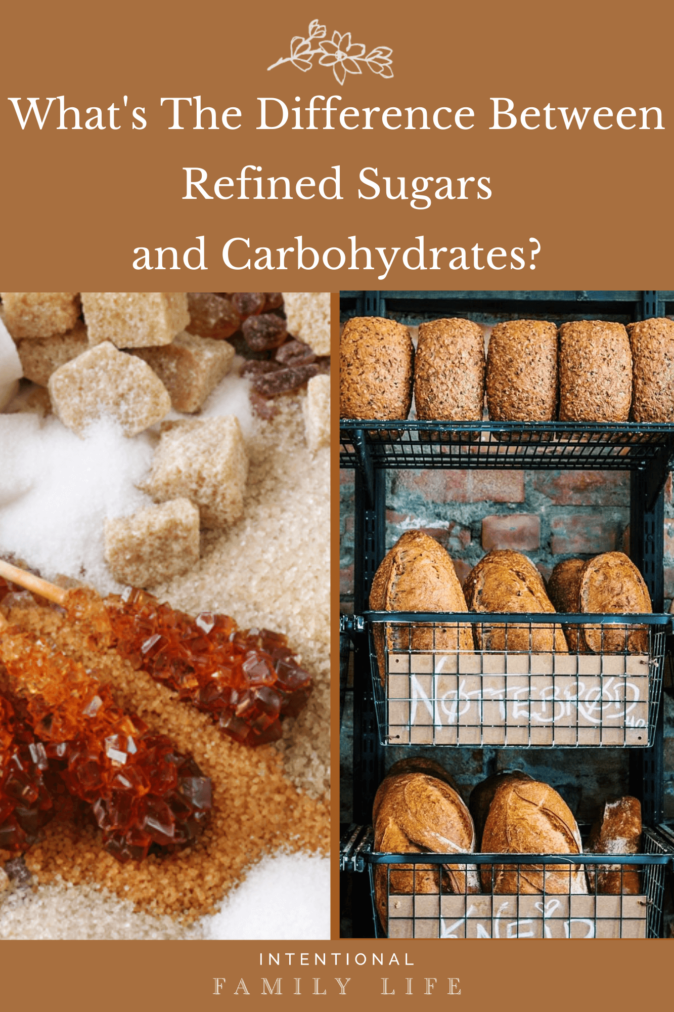 photo on left of various refined sugars and photo of freshly baked bread on bakery racks