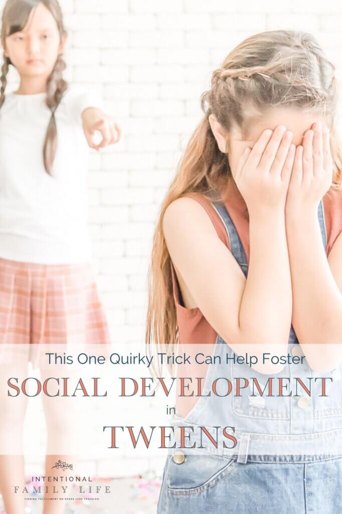 an image of a young girl pointing and leering at another girl with her hands covering her face in shame - suggesting the concept of social and emotional development in tweens