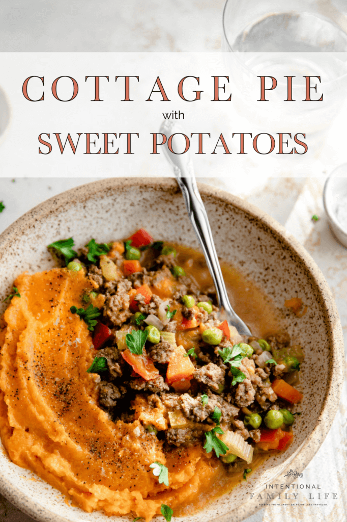  images of a delicious looking bowl of cottage pie with sweet potatoes as topping.