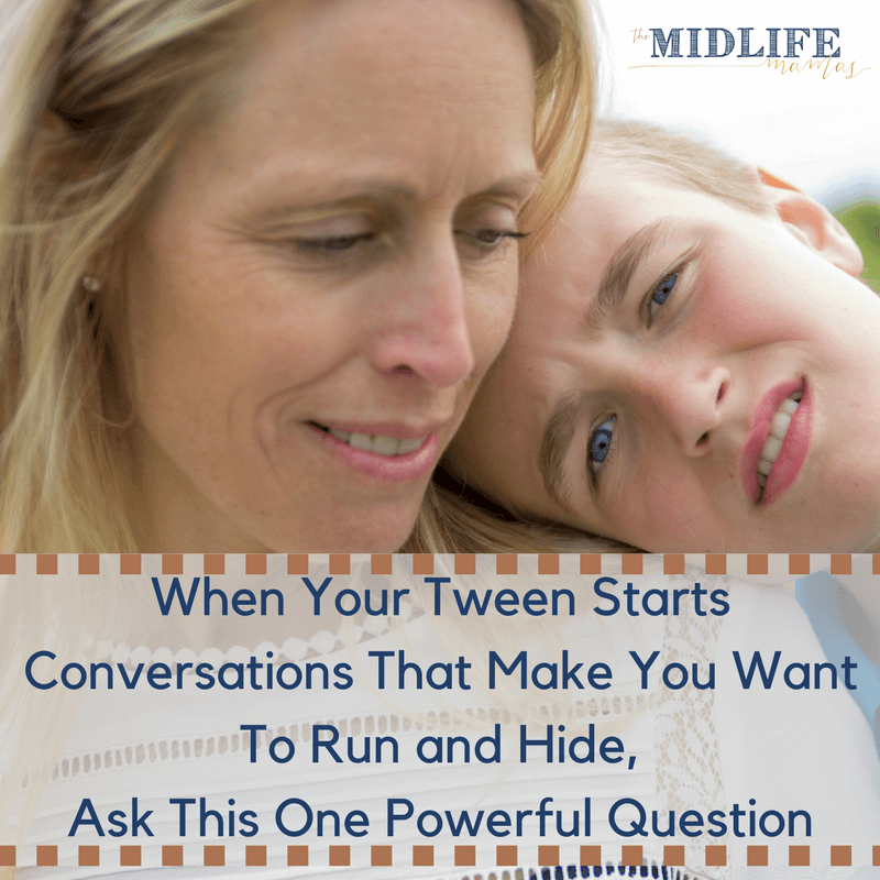 We all know that there will inevitably be awkward conversations with your tween or teen. I love this idea / tip because no matter how flustered or embarrassed I feel by my child's conversation starters, this works! What parents really want is a way to respond positively in the moment when we've been caught off guard instead of reacting negatively and damaging our relationship with our child. Here's the only phrase you'll ever need to know! #positiveresponse #tweens #teenagers #parentingtweens #parentingteens #parenting www.themidlifemamas.com