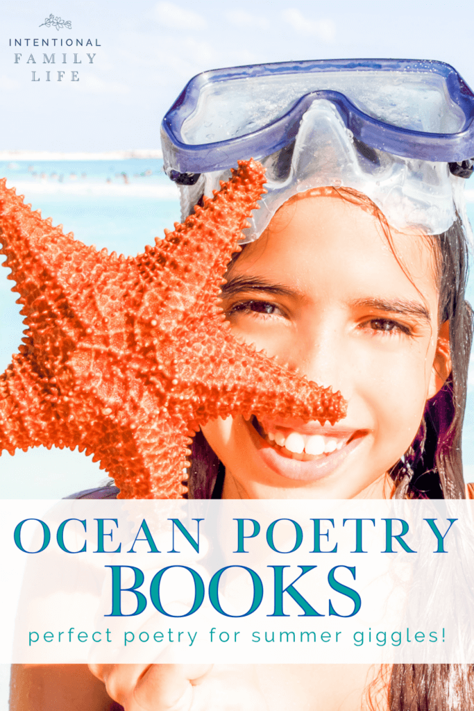 image of a happy young girl at the beach holding a starfish - concept of poems about the ocean