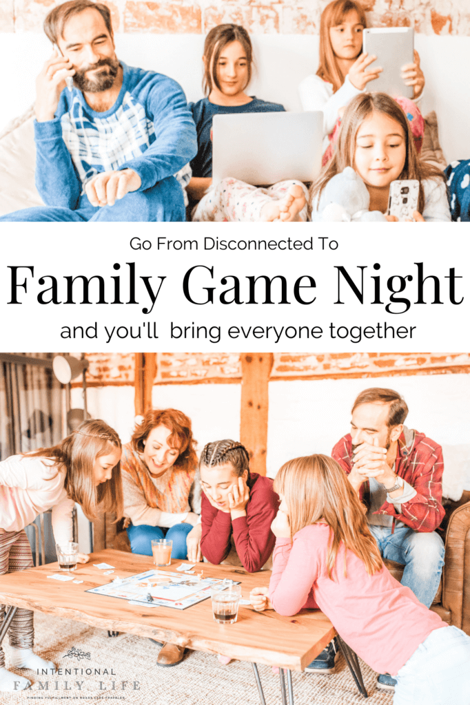 Photo of happy family with three teenage daughters playing board games together - suggestive of fun family game night ideas.