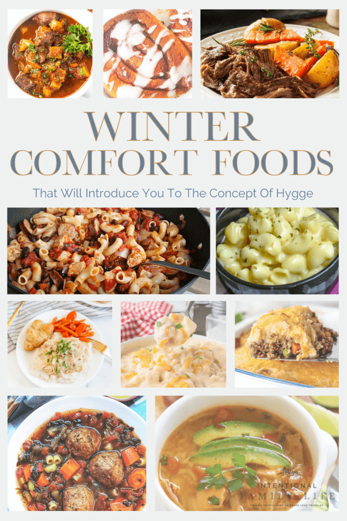 a collage of delicious looking winter comfort foods - pastas, casseroles, and soups - implying warmth and comfort
