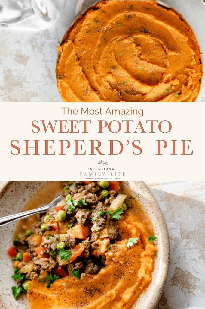 Two images of a delicious looking bowl of cottage pie with sweet potatoes as topping.