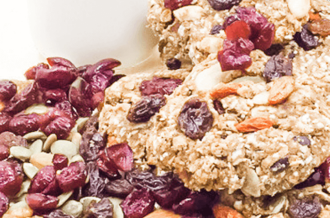 an image featuring delicious looking trail mix protein cookies