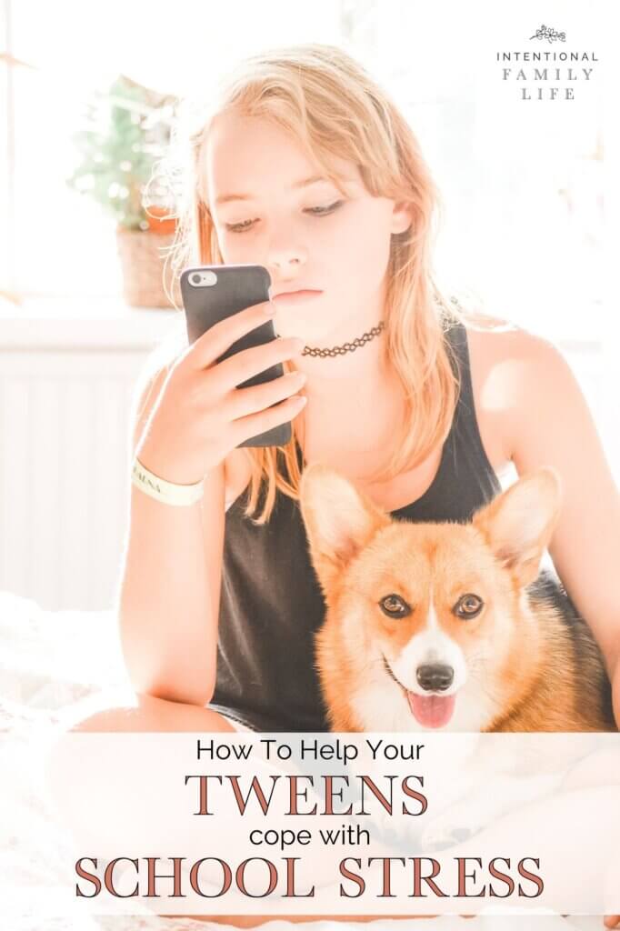 young girl in her room looking lonely; she's looking at her phone and she is petting her corgi dog - suggesting the concept of school stress