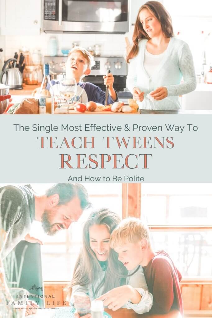 photo of mom and pre-teen age son together in kitchen cooking and another of the family all together - suggesting the concept of teaching respect