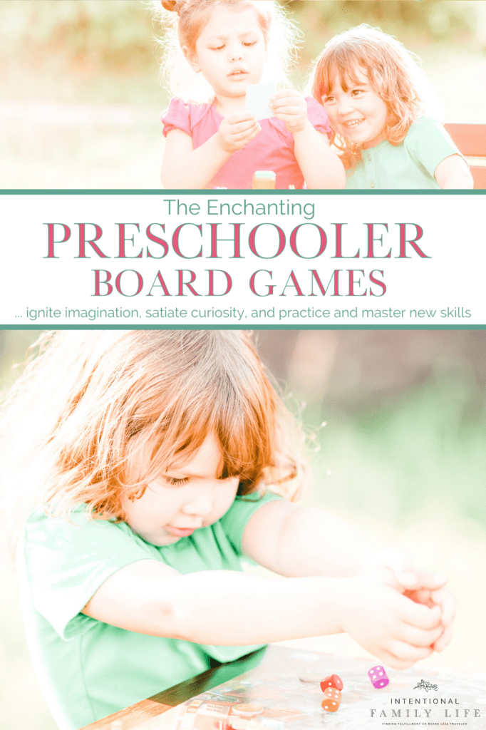 one image of two happy preschool girls playing a board game and a second image of a preschool girl engaged with a board game by herself - suggestive of the concept of preschool board games