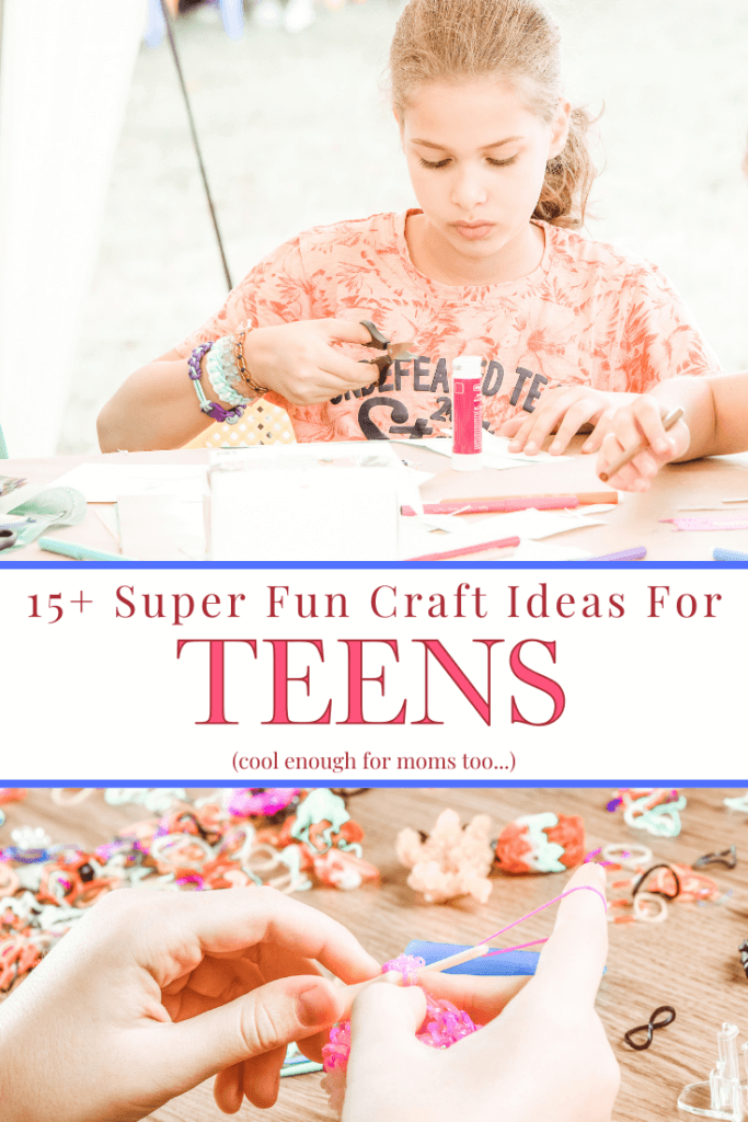 one image of a teen girl crafting outdoors and another close up image of a teen girls hands creating crafts with yarn