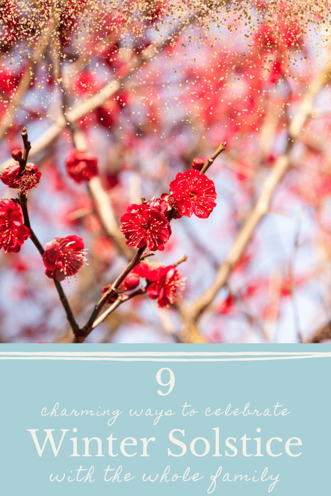 beautiful image of red quince flowering against a backdrop of snow - with text suggesting 9 family celebration ideas for the winter solstice